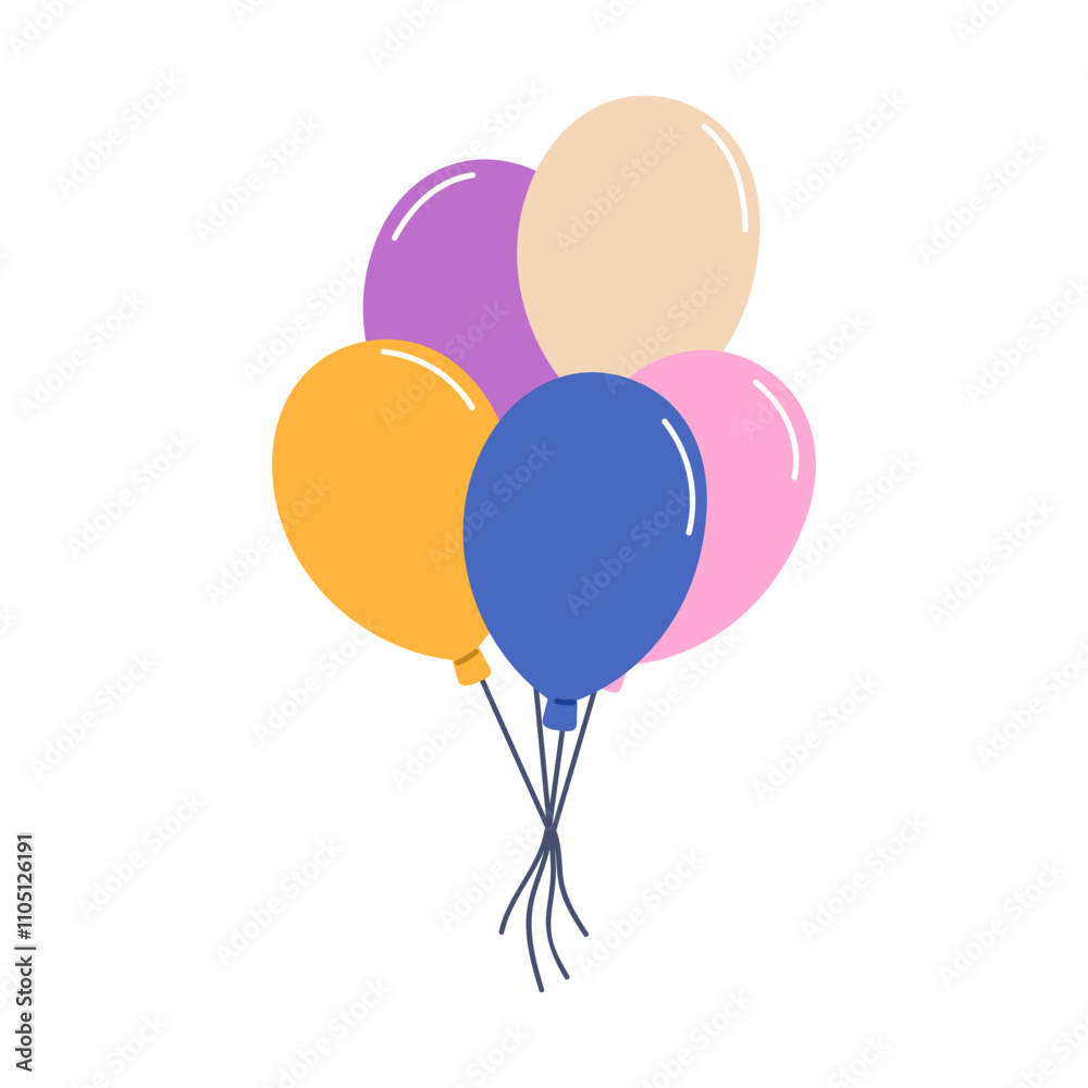 Air balloons in festive bunch, tied with string. Holiday decoration for celebration. Floating helium baloons decor. Ballons bundle rising up. Flat vector illustration isolated on white background Air balloons in festive bunch, tied with string. Holiday decoration for celebration. Floating helium baloons decor. Ballons bundle rising up. Flat vector illustration isolated on white background