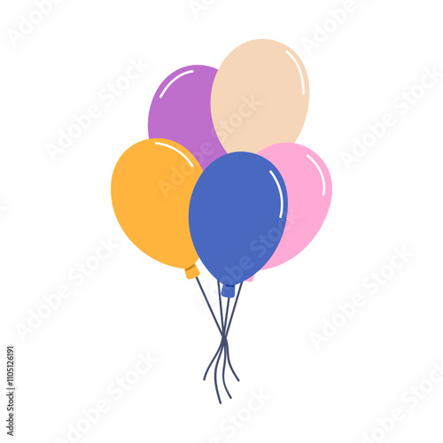 Air balloons in festive bunch, tied with string. Holiday decoration for celebration. Floating helium baloons decor. Ballons bundle rising up. Flat vector illustration isolated on white background