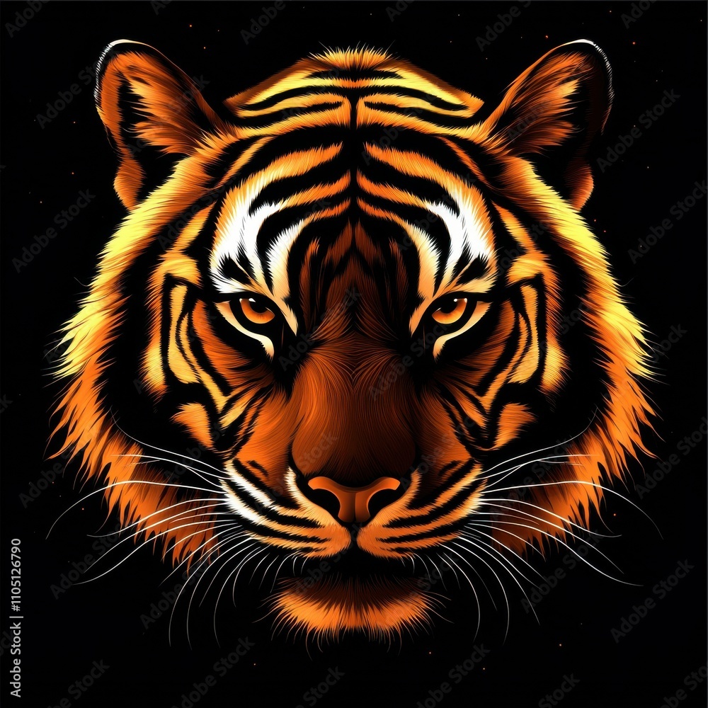 A majestic tiger's face, vibrant orange and black fur highlighted against a starry black background. A majestic tiger's face, vibrant orange and black fur highlighted against a starry black background.