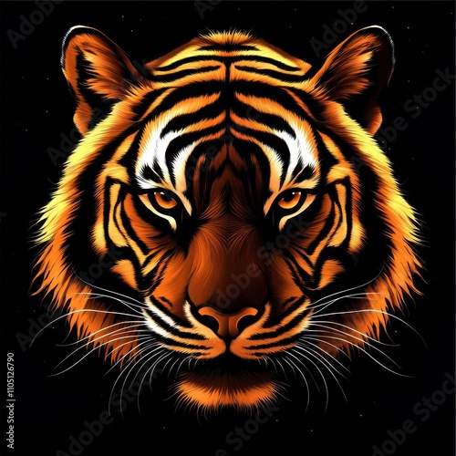 A majestic tiger's face, vibrant orange and black fur highlighted against a starry black background.