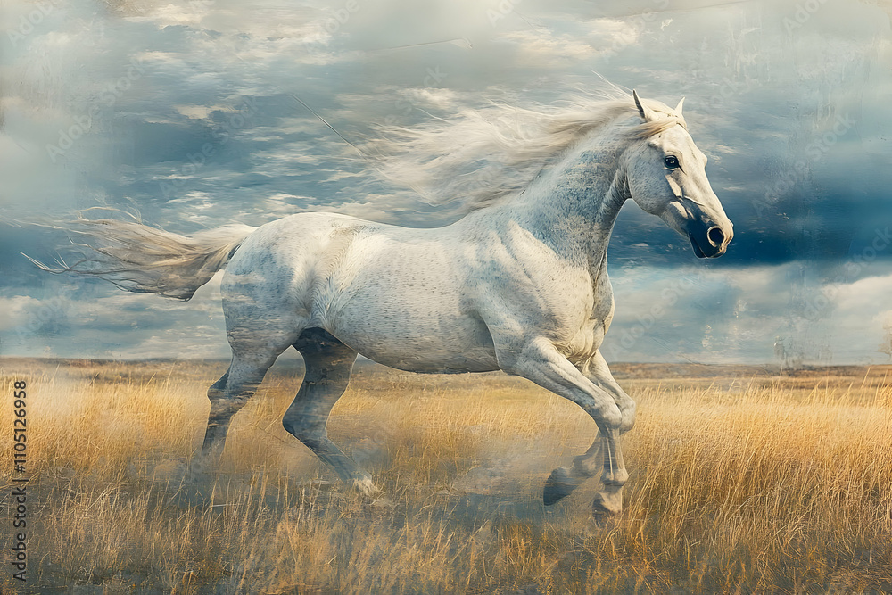 A majestic white horse galloping through a golden grass field under a dramatic sky. A majestic white horse galloping through a golden grass field under a dramatic sky.