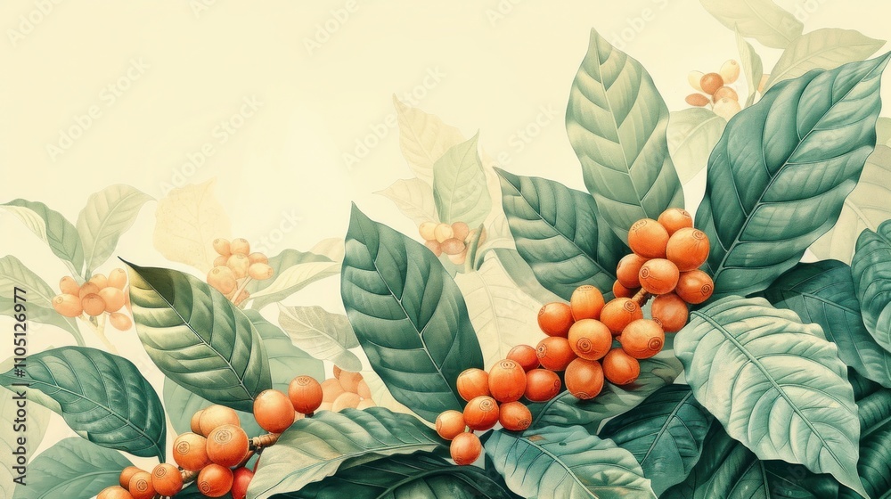 Naklejka premium Lush coffee plant branches with ripe red berries and vibrant green leaves.