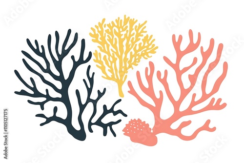 Set of blue and red watercolor corals. Hand drawn coral reef. isolated on white background