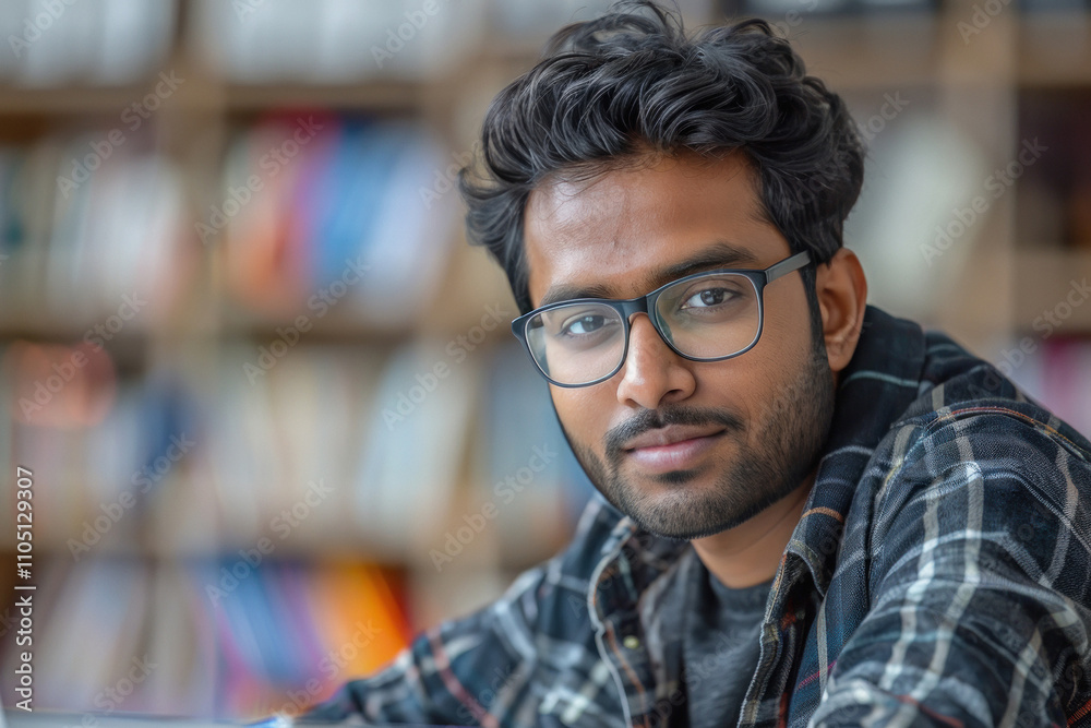 Fototapeta premium South Asian Man Wearing Glasses Taking a Course in an International Education Center