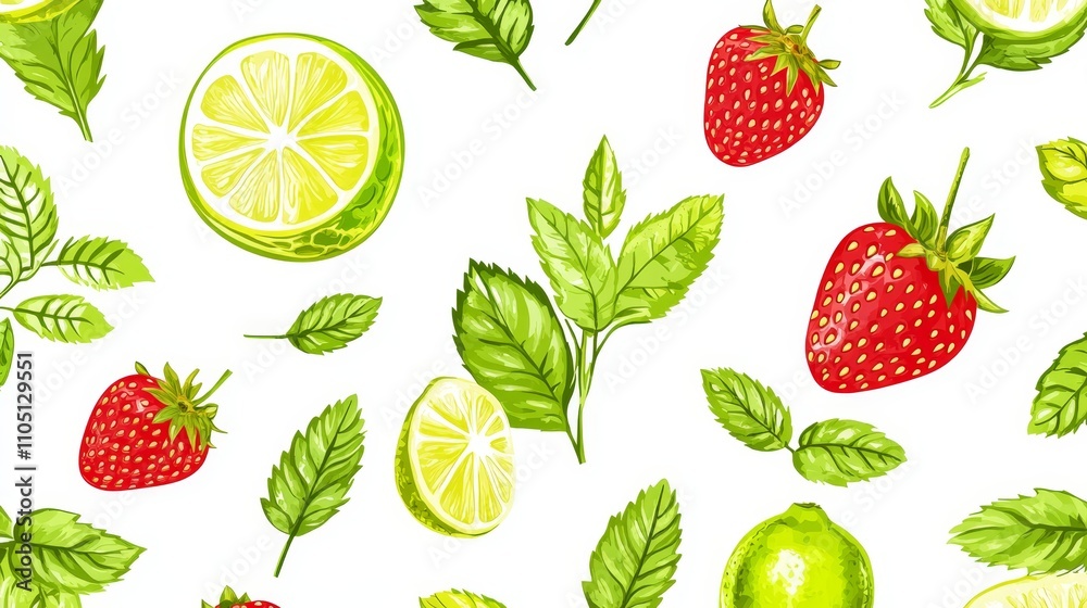 Strawberry Lime Mint Seamless Pattern Fresh Summer Design Strawberry Lime Mint Seamless Pattern Fresh Summer Design