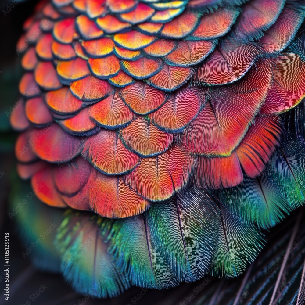 Obraz premium Vibrant close-up of colorful bird feathers displaying a rainbow of iridescent colors.