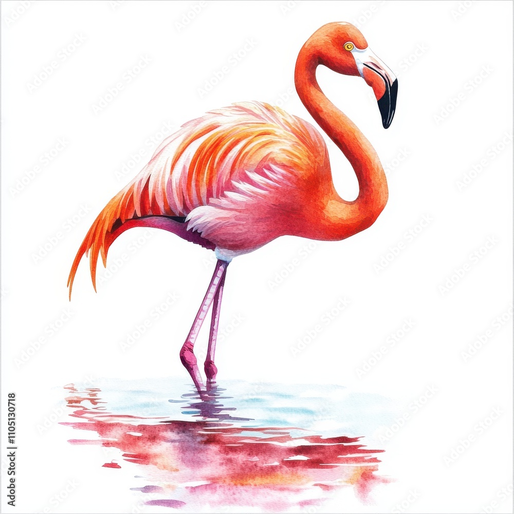 Fototapeta premium A vibrant pink flamingo stands gracefully in shallow water, showcasing its stunning plumage and elegant silhouette.