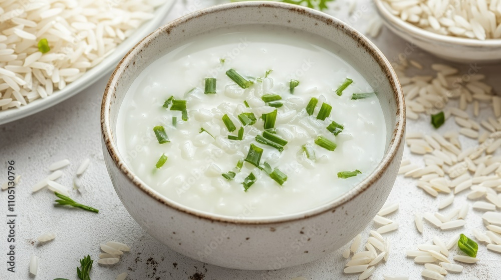 A bowl of rice in milk, topped with green herbs, surrounded by rice grains, creating a sense of warmth, tradition, and wholesome nourishment A bowl of rice in milk, topped with green herbs, surrounded by rice grains, creating a sense of warmth, tradition, and wholesome nourishment