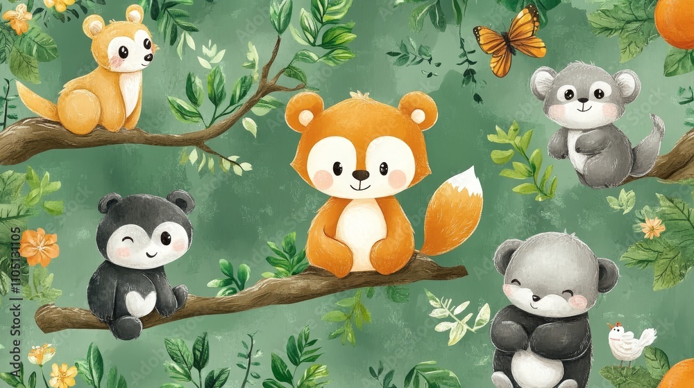 Fototapeta premium Adorable Forest Animals Seamless Pattern Cute Cartoon Wildlife Illustration