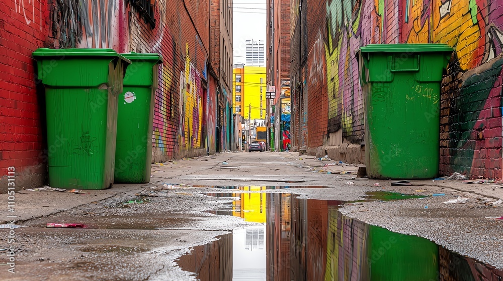 Naklejka premium A vibrant alleyway featuring colorful graffiti, with green trash bins and puddles reflecting the surrounding urban landscape.