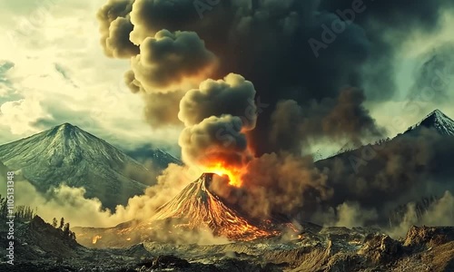 A dramatic volcanic eruption with ash clouds and lava, showcasing nature's power.