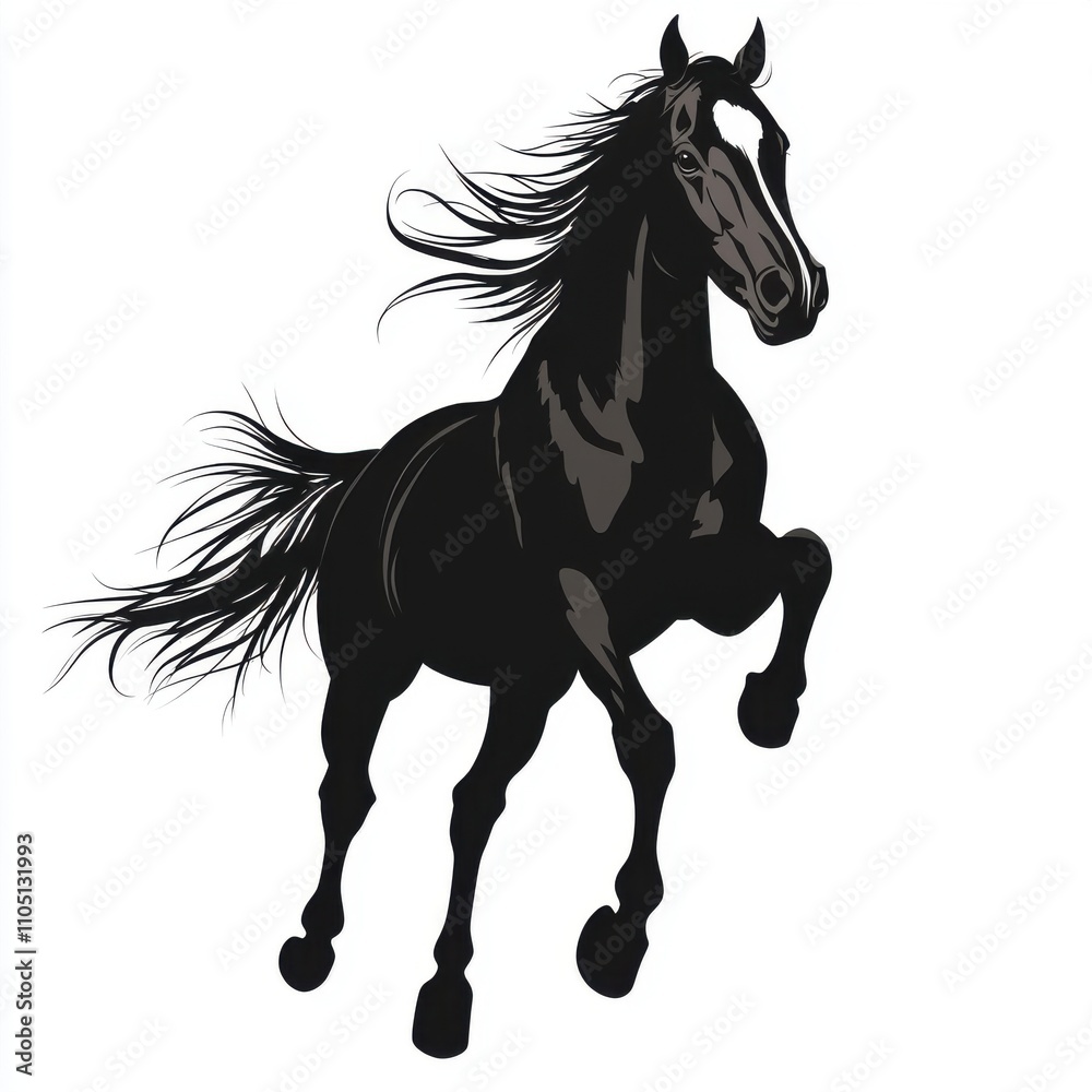 A striking black stallion rearing in motion, showcasing its powerful build and flowing mane. A striking black stallion rearing in motion, showcasing its powerful build and flowing mane.