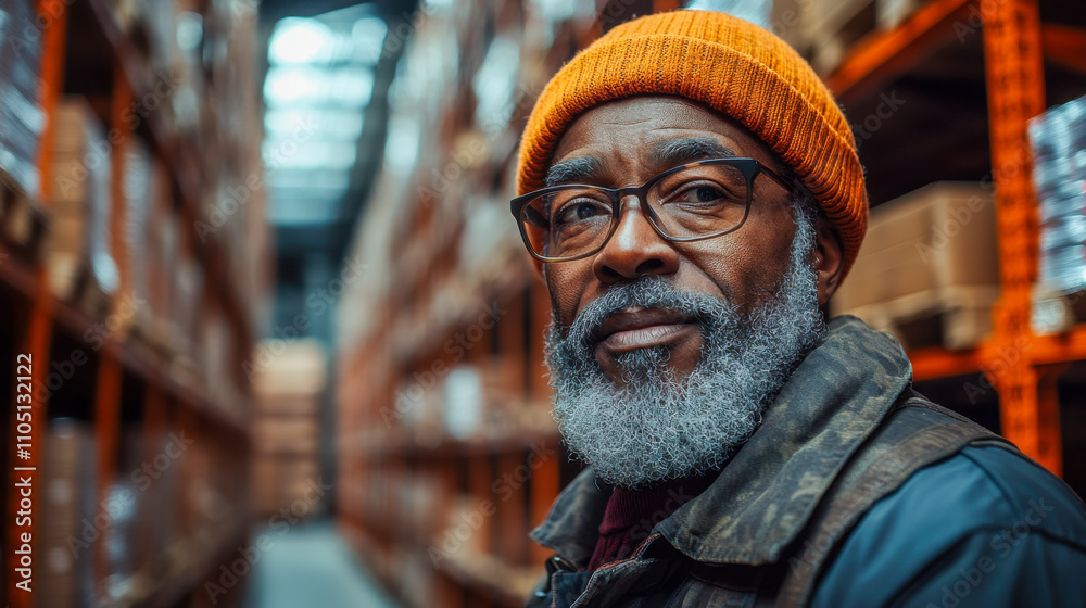Senior black man in a beanie and glasses working at a warehouse Senior black man in a beanie and glasses working at a warehouse