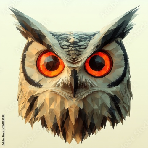 A stunning geometric illustration of an owl with vibrant orange eyes, showcasing detailed feathers and sharp features. photo