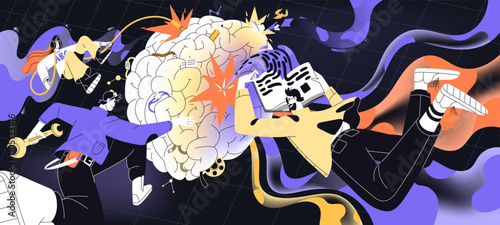 Brain work, mind concept. Artificial intelligence development, machine learning. Pumping of cognitive skills, improve of memory, getting knowledge. Mental processes, thinking. Flat vector illustration