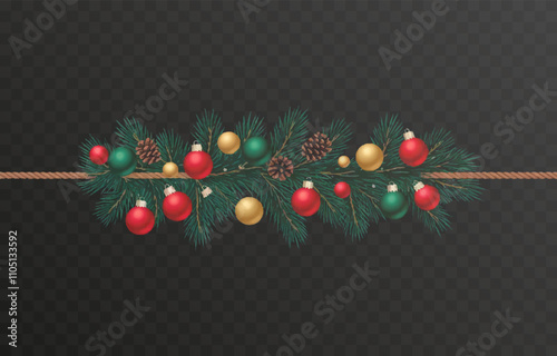 Vector realistic Christmas tree branch PNG. Christmas tree branch decorated with garland on a transparent background. Winter border.