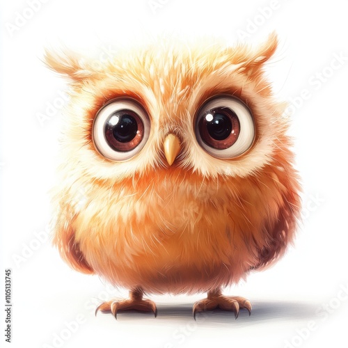 A cute, fluffy owl with big eyes, showcasing its adorable features against a white background.