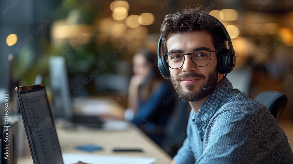 Obraz premium Focused Male Customer Service Representative with Headset in Office