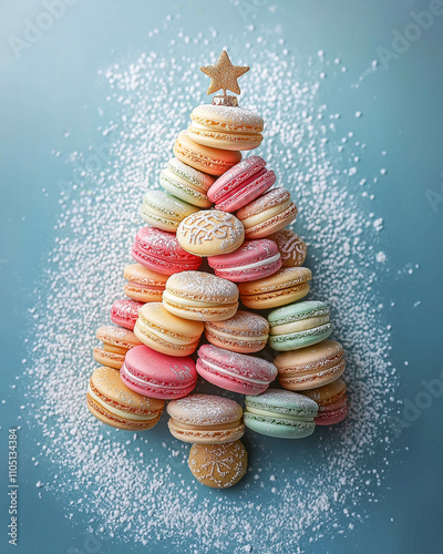 Very juicy and delicious colorful macarons stacked on top of each other in the shape of a Christmas tree with decorations, standing on a solid blue background, in the spirit of Christmas and New Year