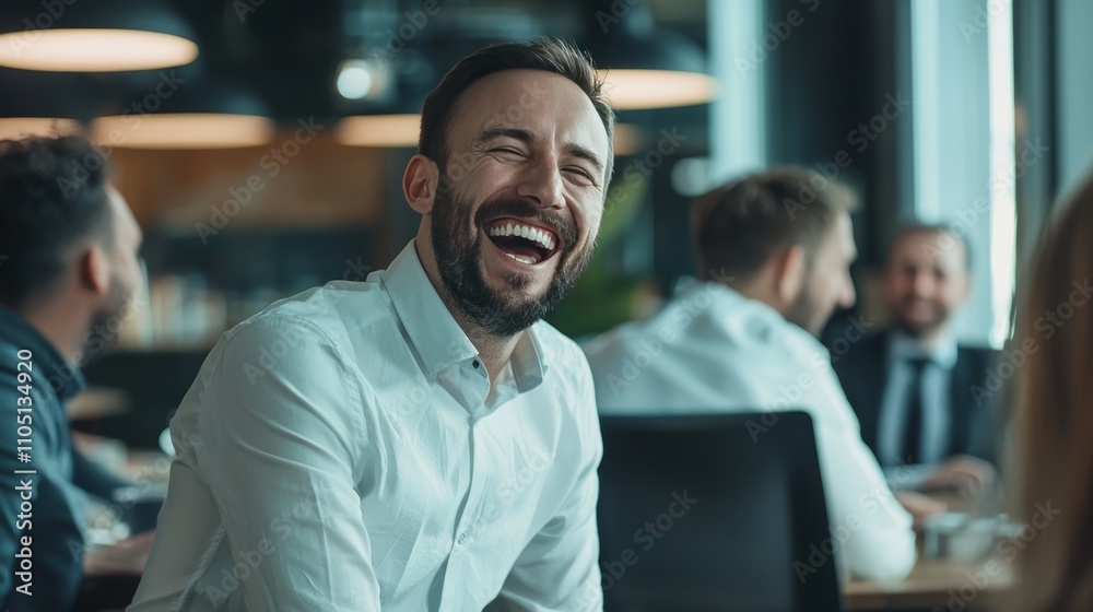 Happy Businessman Laughing in a Modern Office Environment Happy Businessman Laughing in a Modern Office Environment