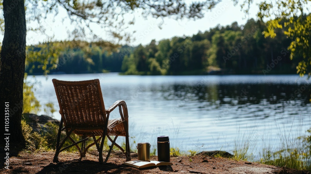 A serene lakeside escape with a chair, a book, and a thermos placed on the ground, creating a peaceful setting to enjoy the beauty of nature and tranquility by the water. A serene lakeside escape with a chair, a book, and a thermos placed on the ground, creating a peaceful setting to enjoy the beauty of nature and tranquility by the water.