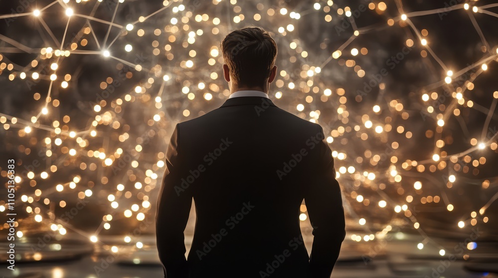 Man in Suit Facing Illuminated Network Global Connections Concept Man in Suit Facing Illuminated Network Global Connections Concept
