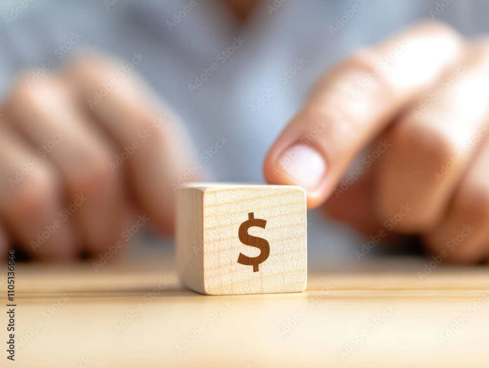 Person placing a dollar sign on a wooden block Person placing a dollar sign on a wooden block