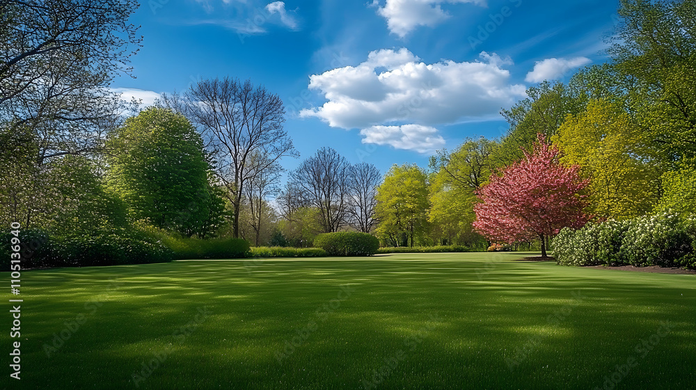 Vibrant spring nature backdrop with a pristine, neatly trimmed lawn and lush trees under a clear blue sky adorned with soft clouds on a sunny day Vibrant spring nature backdrop with a pristine, neatly trimmed lawn and lush trees under a clear blue sky adorned with soft clouds on a sunny day
