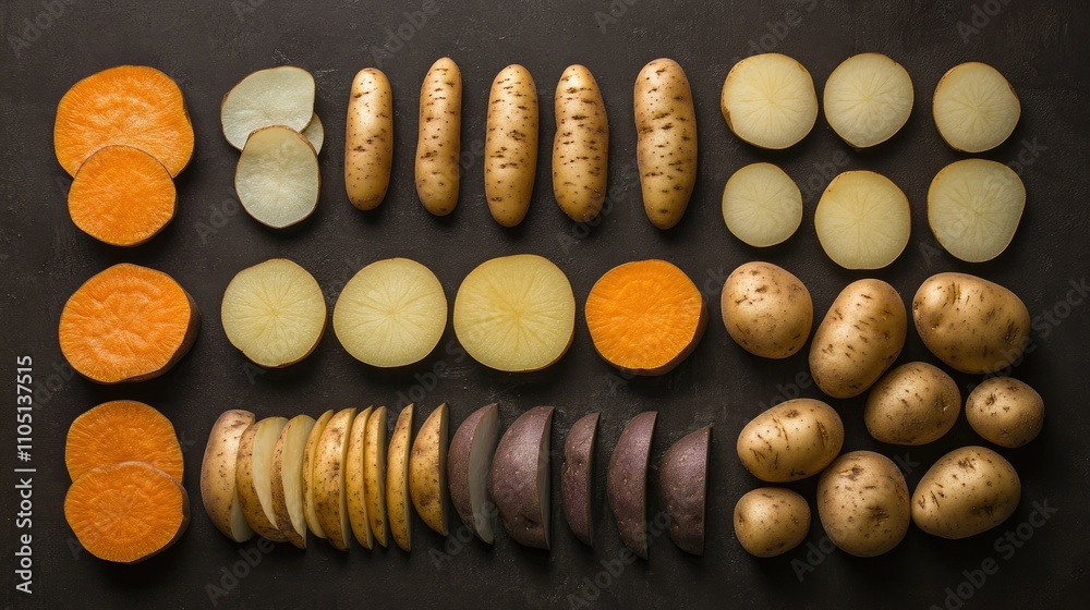 Artistic cuts and slices of potatoes laid out in an elegant design, capturing the many ways potatoes can be presented in cooking. Artistic cuts and slices of potatoes laid out in an elegant design, capturing the many ways potatoes can be presented in cooking.