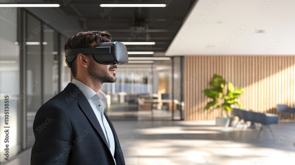 Businessman Engaged in Virtual Reality Experience in Modern Office Businessman Engaged in Virtual Reality Experience in Modern Office