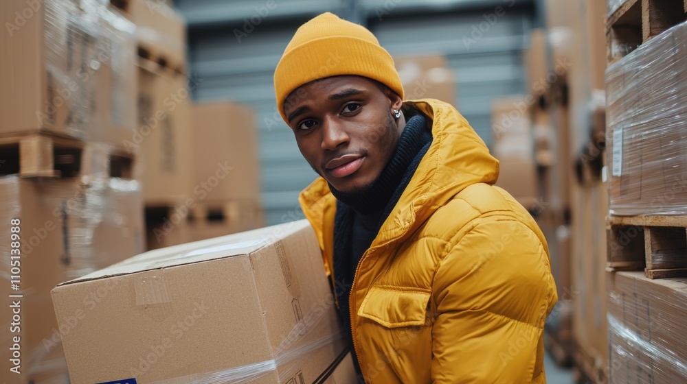 Young Man in Yellow Jacket Carrying Box in Warehouse Environment Young Man in Yellow Jacket Carrying Box in Warehouse Environment