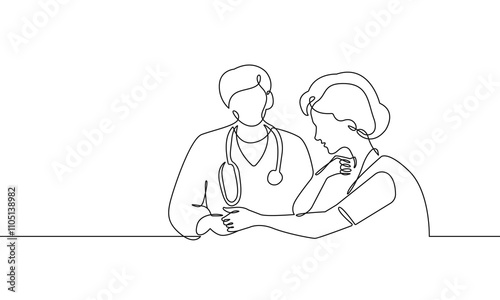 Doctor with Stethoscope and Patient Continuous One Line Drawing. Doctor's Appointment Concept Minimalist Black Sketch Line Art Drawing. Treatment One Line Vector Illustration on White Background