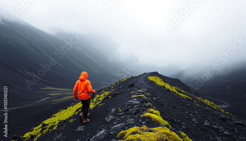 Hiker in an orange jacket walking through a vibrant volcanic landscape