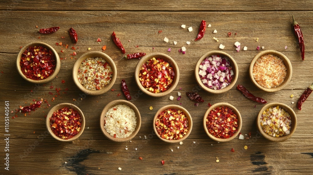 Ground red pepper flakes in small bowls, with dried chili peppers scattered around, set on a rustic wooden surface. Ground red pepper flakes in small bowls, with dried chili peppers scattered around, set on a rustic wooden surface.