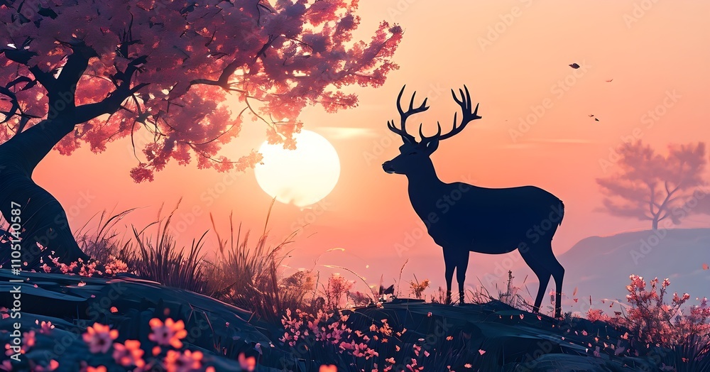 Abstract minimalist spring scene with a single, sharp silhouette of a deer and of a blooming tree