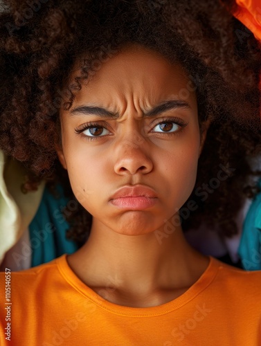 Unhappy Afro American woman with curly hair frowns face has dissatisfied expression feels tired of domestic work covered with laundry fed up of daily domestic chores. Houusework and washing concept photo