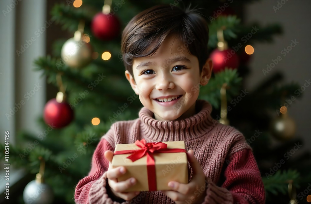 Portrait of cute little boy with dark hair holding gift box in front of christmas tree Portrait of cute little boy with dark hair holding gift box in front of christmas tree