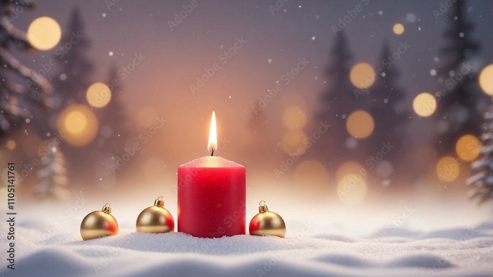 Christmas Background - Red Candle in winter snow landscape background - Blank greeting card with magic golden bokeh lights with copy space for your Xmas Advent greeting card or advertisemen