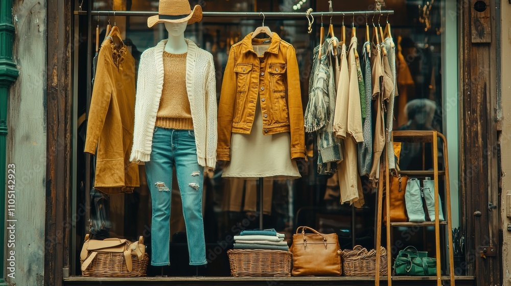 Showcasing fashion trends boutique clothing store front display with mannequins urban setting retail environment street view stylish apparel concepts Showcasing fashion trends boutique clothing store front display with mannequins urban setting retail environment street view stylish apparel concepts