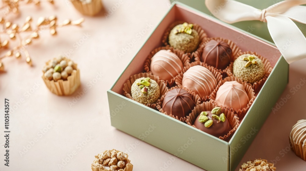Delectable chocolates gift box home kitchen food photography cozy setting sweet indulgence