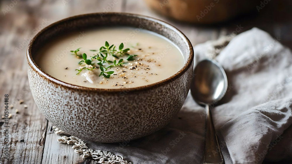Clam chowder in a ceramic bowl, spoon on the side, rustic napkin beneath Clam chowder in a ceramic bowl, spoon on the side, rustic napkin beneath