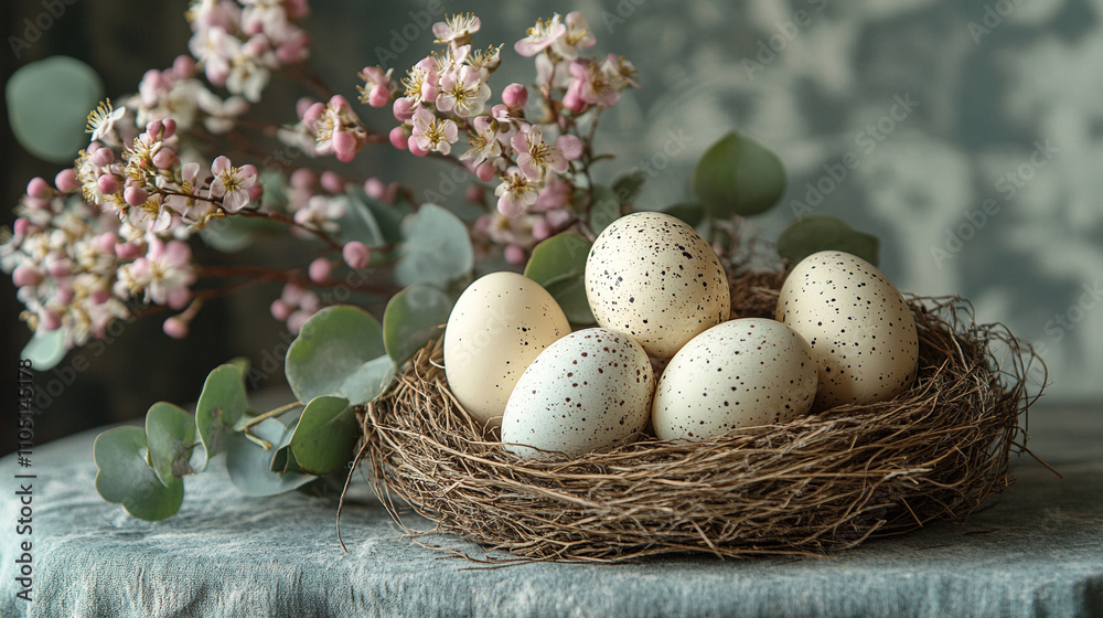 Springtime Nest with Bright Eggs and Greenery Springtime Nest with Bright Eggs and Greenery