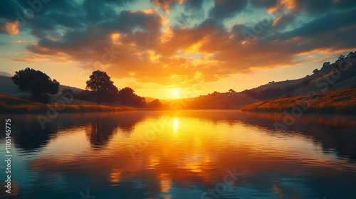 Sunset Lake Landscape Illustration