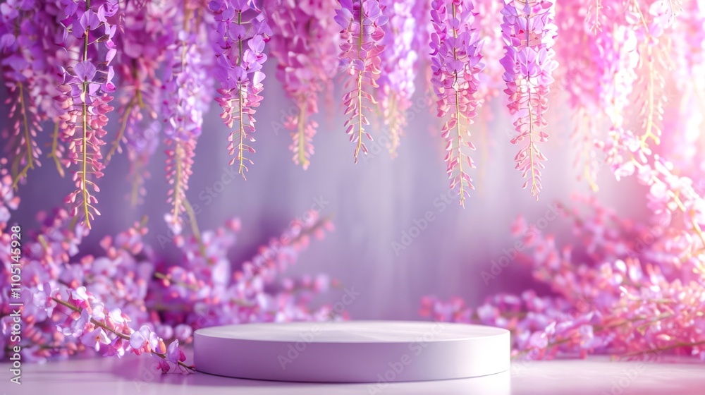 close up, small round empty podium with delicate wisteria vines hanging down around it, creating a whimsical and enchanting atmosphere close up, small round empty podium with delicate wisteria vines hanging down around it, creating a whimsical and enchanting atmosphere