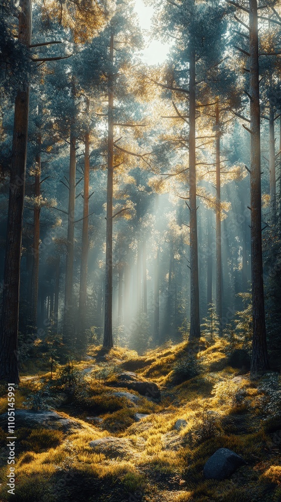 Naklejka premium A serene forest scene with sunlight penetrating through trees, highlighting the vibrant greenery and natural beauty of the woods.