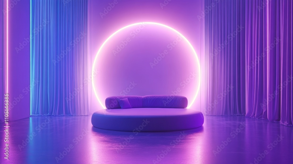 A purple and blue room with a large circular bed in the center A purple and blue room with a large circular bed in the center