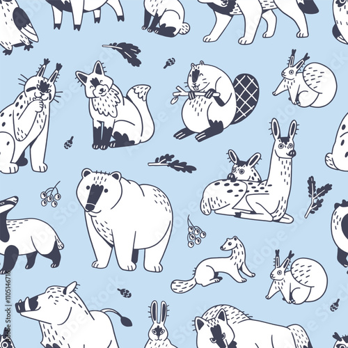 Repeatable pattern of happy forest animals in outline style. Contour cute woodland beasts on endless background. Funny wildlife, friendly fauna: bear, deer, wolf. Flat seamless vector illustration