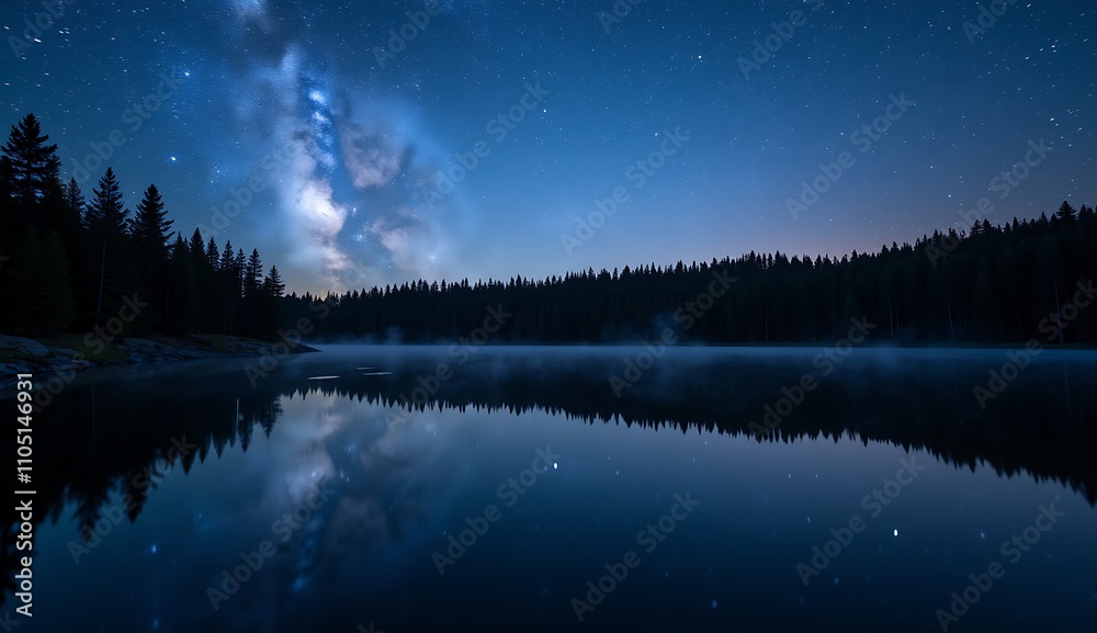 Serene night scene of a calm lake reflecting a starry sky with the Milky Way, creating a tranquil atmosphere Serene night scene of a calm lake reflecting a starry sky with the Milky Way, creating a tranquil atmosphere
