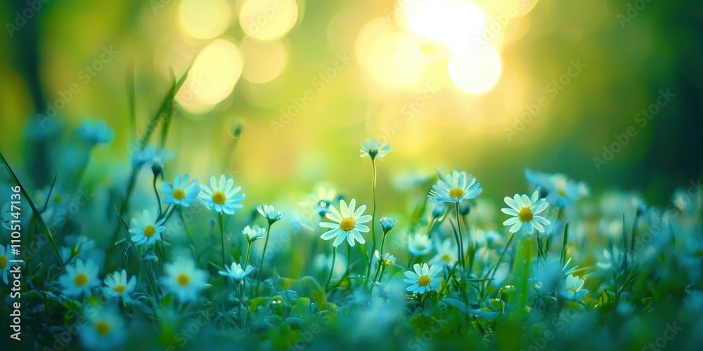 Obraz premium Field of blue flowers with yellow centers