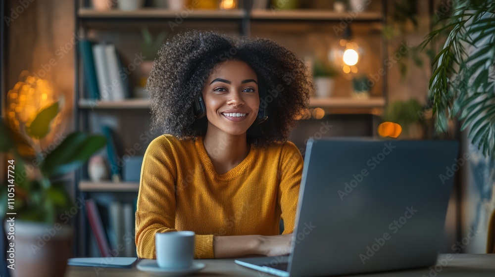 A mixed-race female digital nomad on a video call, with a warm cup of coffee beside her, showcasing a comfortable remote work setup A mixed-race female digital nomad on a video call, with a warm cup of coffee beside her, showcasing a comfortable remote work setup